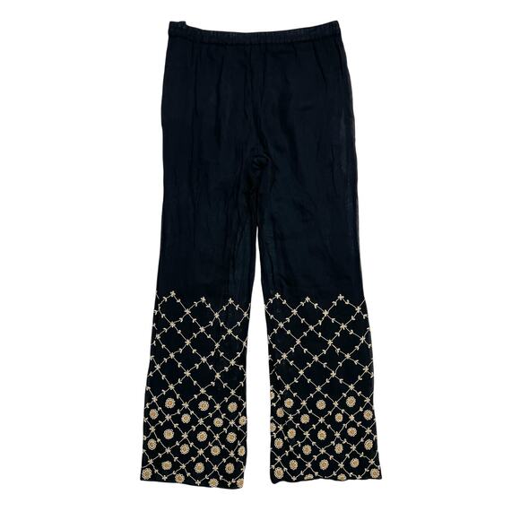 Mesh Floral Embroidered Salwar Pants Sheer Mesh Black Tan Elastic Waist Bohemian - Picture 1 of 6